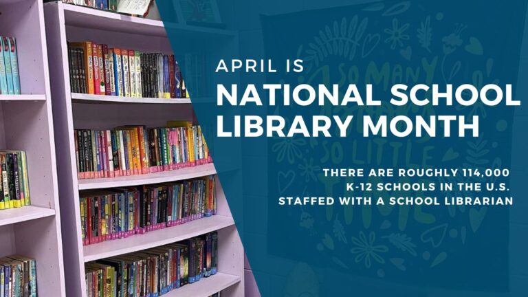 Classroom library with books on purple shelves and text 'April is National School Library Month'